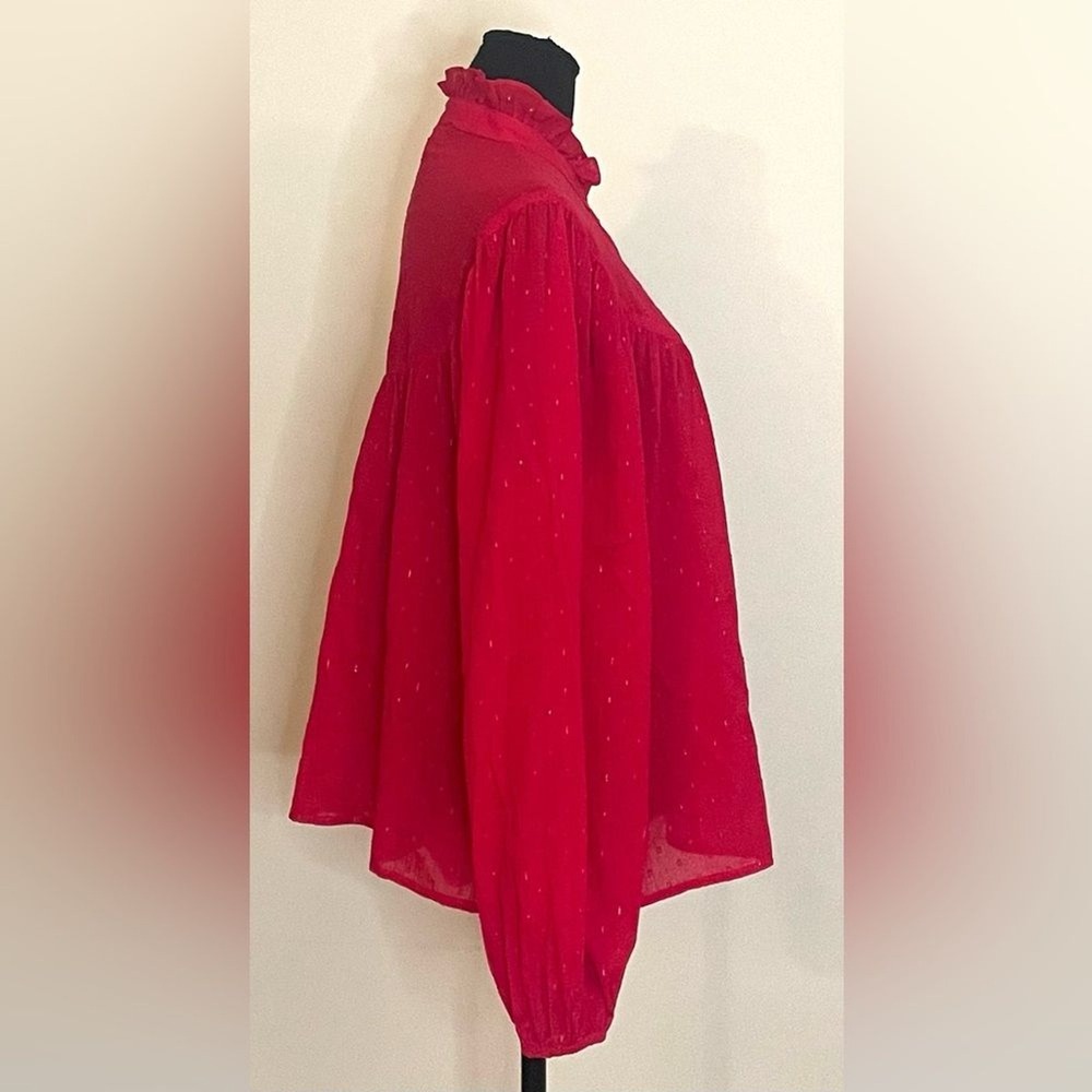 Chaps Red Metallic Gold Clip Dot Ruffle Neck Balloon Sleeve Blouse XL - Picture 3 of 8